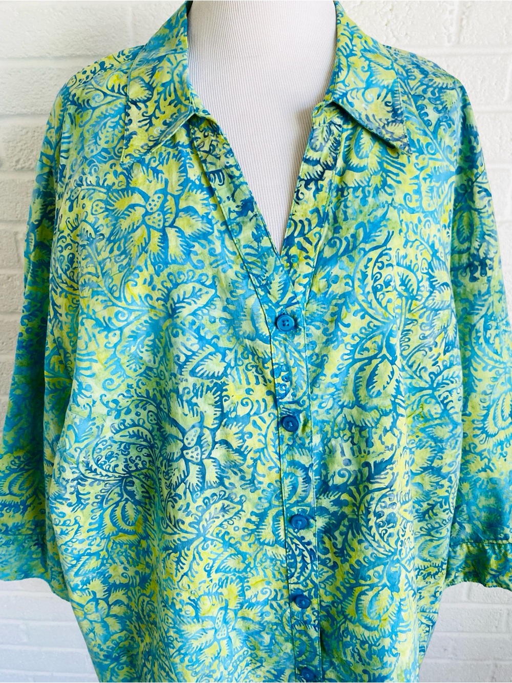 Catherines Blue Green Floral Paisley Button-Up Shirt Blouse Cotton Top 2X 22/24W